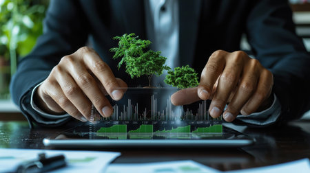 A man is holding a tablet with a tree on it. Concept of growth and progress, as the man is holding the tablet with the tree on it. Scene is positive and hopefulの素材