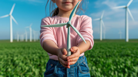 A little girl holds a wind turbine in her hand. The wind turbines are in the background. The girl is holding the turbine with a smile on her faceの素材