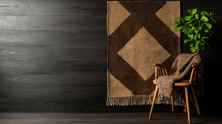 A chair is sitting in front of a wall with a rug on it. The chair is brown and the rug is brown and black. There is a plant in the backgroundの素材