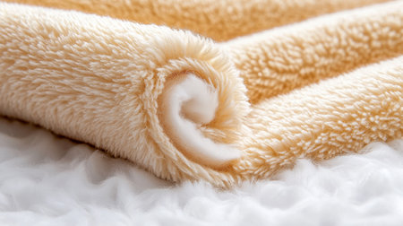 A soft, fluffy blanket with a white border is rolled up and placed on a bed. The blanket is made of a plush material and has a warm, inviting texture. The white border adds a touch of eleganceの素材