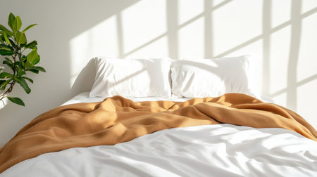 A bed with a brown blanket and white pillows. The bed is unmade and the blanket is spread outの素材