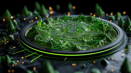 A green planet with a green circle in the middle. The circle is surrounded by trees and waterの素材