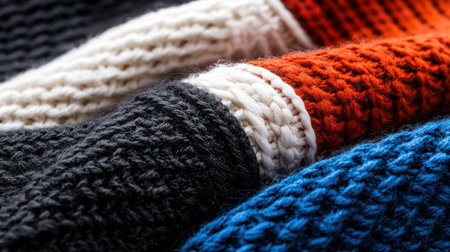 A close up of a sweater with a blue stripe and a black stripe. The sweater is knitted and has a striped patternの素材
