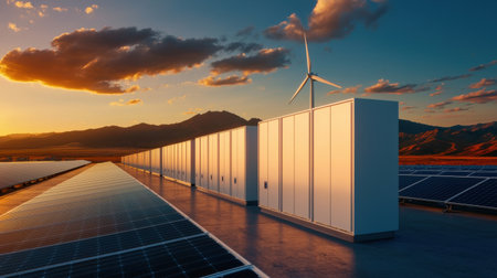 A row of solar panels with a wind turbine in the middle. The sky is orange and the sun is settingの素材