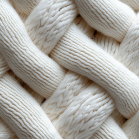 A close up of a knitted piece of fabric with a white background. The fabric is made up of many different colored yarns, creating a unique and intricate design. Scene is one of warmth and comfortの素材