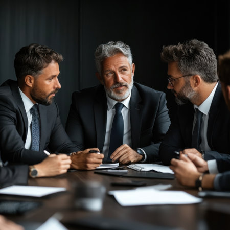 A group of men in suits are sitting around a table, looking at each other. Scene is serious and professionalの素材