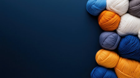 A row of colorful yarns on a blue background. The colors are orange, blue, and whiteの素材