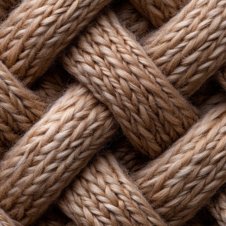 A close up of a piece of rope with a pattern of knots. The rope is brown and he is made of yarn. The knots are arranged in a way that creates a visually interesting and intricate designの素材