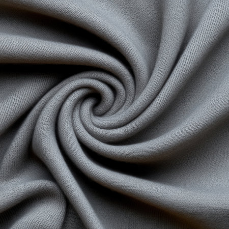 A gray fabric with a spiral pattern. The fabric is made of a soft material and has a slightly shiny appearanceの素材