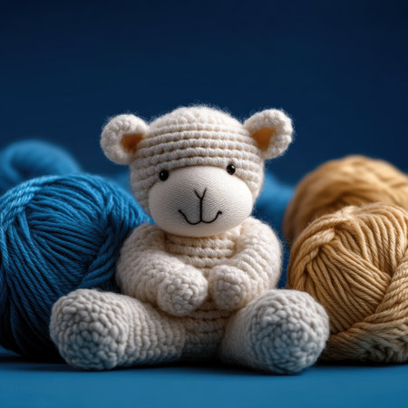 A white teddy bear sits on a blue surface next to a pile of yarn. Concept of warmth and comfort, as the teddy bear is a symbol of childhood and relaxation. The blue background adds a calmingの素材