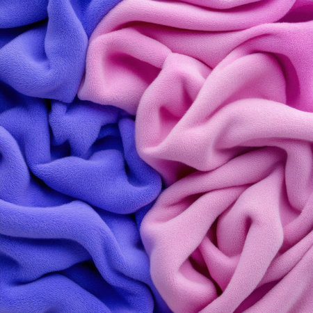 Two different colored blankets, one purple and one pink, are shown in a close up. The colors of the blankets are vibrant and the texture is soft. Concept of warmth and comfortの素材