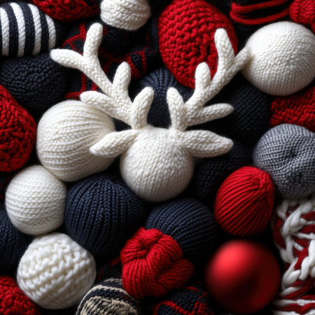 A bunch of knitted balls and a white reindeer head. The reindeer head is surrounded by the balls, which are of various sizes and colors. Concept of warmth and cozinessの素材