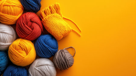 A bunch of colorful yarns are laid out on a yellow background. The colors are bright and cheerful, creating a warm and inviting atmosphereの素材