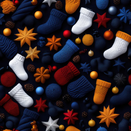 A colorful and festive scene of various Christmas decorations, including socks, stars, and balls. Concept of warmth and cheer, as the different colors and textures of the decorations create a livelyの素材