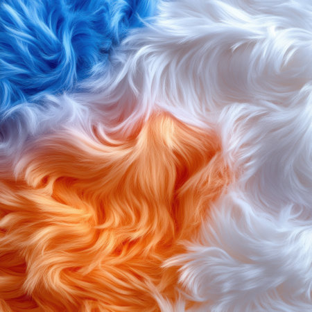 A close up of a fluffy, multi-colored fur with orange, blue, and white strands. The fur appears to be a mix of different colors, creating a vibrant and lively appearanceの素材