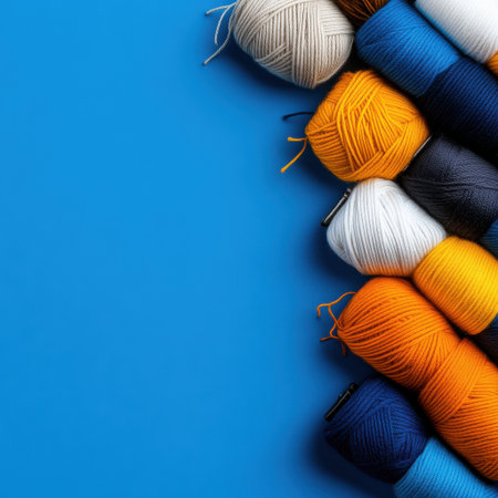 A blue background with a bunch of different colored yarns on it. The yarns are of various colors and sizes, and they are arranged in a way that creates a visually appealing and colorful displayの素材