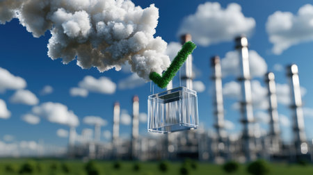 A green check mark is hanging from a cloud of smoke. The smoke is coming from a factory with a large number of smokestacksの素材