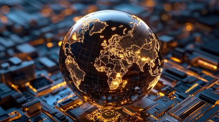 A glowing globe with a city in the background. The globe is surrounded by a network of wires and circuitsの素材