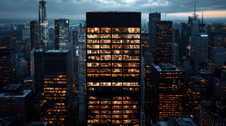 A city skyline at night with a tall building in the center. The lights on the building are glowing brightly, creating a warm and inviting atmosphere. The city is bustling with activityの素材