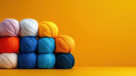 A stack of colorful yarns on a yellow background. The colors are blue, pink, white, and orangeの素材