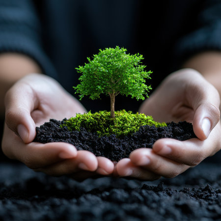 A person is holding a small tree in their hands. The tree is surrounded by dirt and he is a seedling. Concept of nurturing and growth, as the person is taking care of the young plantの素材