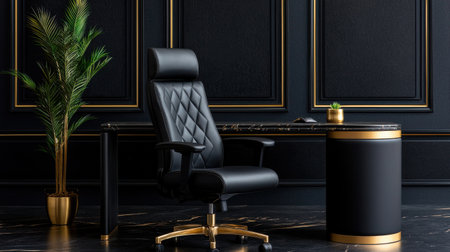 A black leather office chair sits in front of a desk with a gold frame. The chair is positioned in front of a potted plant, which adds a touch of greenery to the roomの素材