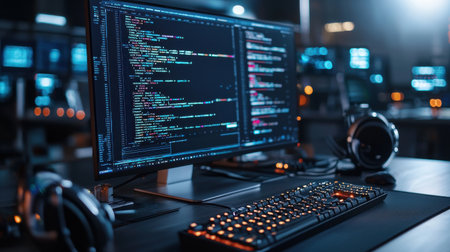 A computer monitor displays a large amount of code on the screen. The keyboard and mouse are placed on a black desk, and there are several other monitors in the backgroundの素材