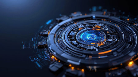 A blue and orange circle with a blue dot in the center. The circle is surrounded by a lot of small squares and trianglesの素材