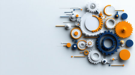 A colorful image of gears and wheels with a white background. Concept of motion and energy, as if the gears are turning and working together to create something. The bright colors of the gearsの素材