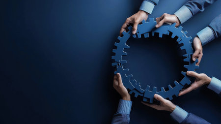 A group of people are holding a blue puzzle piece with the word "gear" on it. Concept of teamwork and collaboration, as the people are working together to solve the puzzleの素材