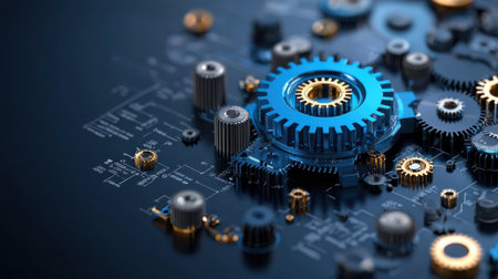 A blue and gold gear is surrounded by other gears. The image is of a machine or a piece of technologyの素材