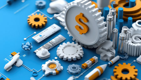 A blue background with a white and orange dollar sign on it. The dollar sign is surrounded by gears and other mechanical parts. Concept of technology and financeの素材