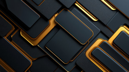 A black and gold design with a lot of squares and rectangles. The design is very abstract and has a futuristic feel to itの素材
