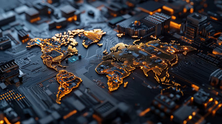 A computer generated image of a globe with a city on it. The globe is lit up with a warm, orange glowの素材