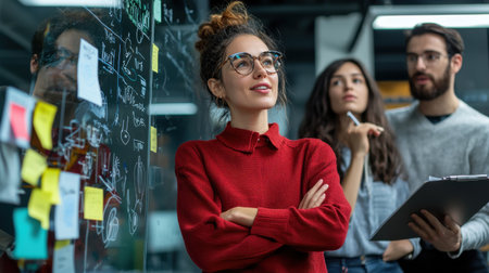 A woman in a red sweater stands in front of a whiteboard with a group of people. She is wearing glasses and has her arms crossed. The group appears to be discussing somethingの素材