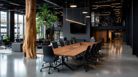 A large room with a wooden table and chairs, and a large tree in the background. The room is designed for a business setting, with a large conference table and chairs arranged around itの素材