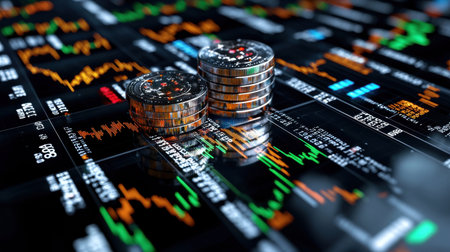 A stack of coins is on top of a stock market graph. The coins are silver and the graph is colorfulの素材