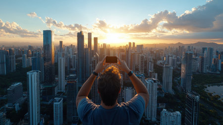 A man is taking a picture of a city skyline with a cell phone. The sky is orange and the sun is settingの素材