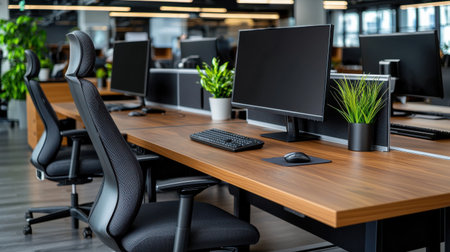 A desk with a black chair and a keyboard. A potted plant sits on the desk. The desk is in a room with a lot of windowsの素材