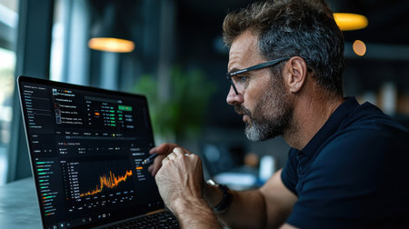 A man is looking at a computer screen with a graph on it. He is using a stylus to draw on the screenの素材