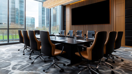 A spacious conference room with a black table and chairs. The room is filled with people, and there are several TVs mounted on the wall. The atmosphere is professional and formalの素材