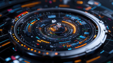 A colorful, abstract design with a large circle in the center. The circle is surrounded by a variety of smaller circles and lines, creating a sense of movement and energyの素材