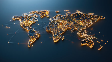 A globe with a network of lines and dots surrounding it. The globe is lit up in a warm, glowing lightの素材