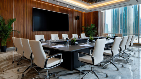 A large conference room with a black board and white chairs. The room is well lit and has a professional atmosphereの素材