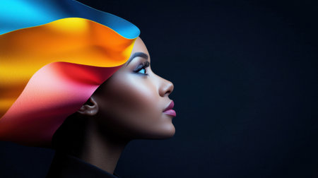 A woman with a colorful scarf on her head is looking at the camera. The scarf is made of different colors and is flowing behind her. The image has a vibrant and lively moodの素材