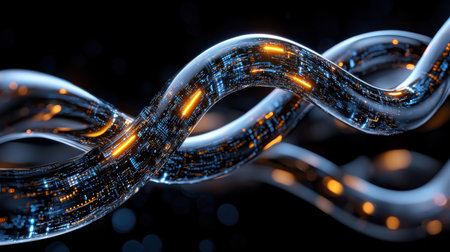 A long, twisted, glowing wire with a blue and orange glow. The wire is made of glass and he is a part of a futuristic, high-tech deviceの素材