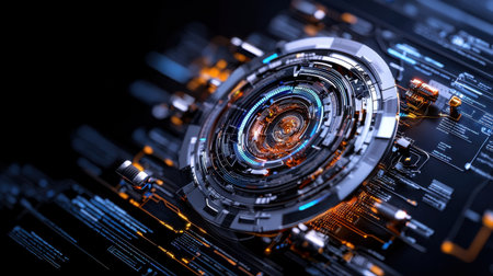 A computer screen with a large circle of glowing lights. The circle is surrounded by a lot of other smaller circles and lines. The image gives off a futuristic and technological vibeの素材