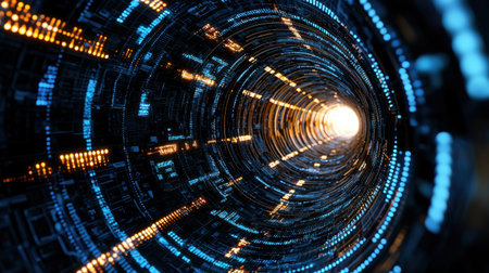 A computer generated image of a tunnel with a bright orange light at the end. The tunnel is filled with blue and orange lights, creating a futuristic and otherworldly atmosphereの素材