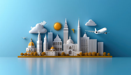 A cityscape with a plane flying over it. The city is full of buildings and has a sunny dayの素材