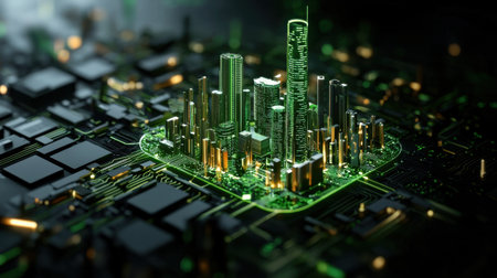 A city is shown in a green and black color scheme. The city is made up of electronic components and is glowing. Scene is futuristic and technologicalの素材
